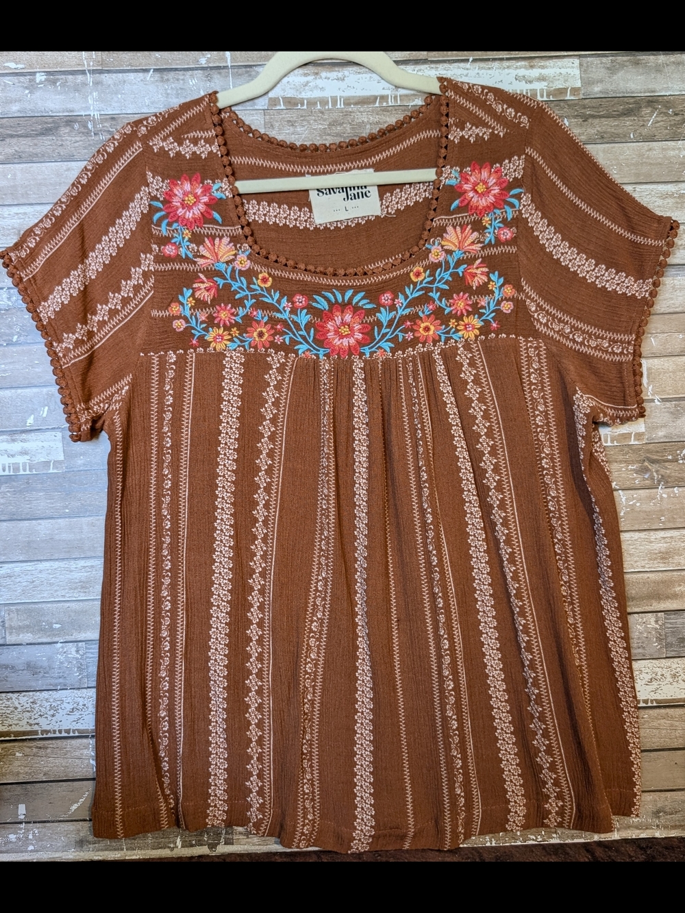 Savannah Jane Boho Southwestern Brown Top W Embroidered Floral Design